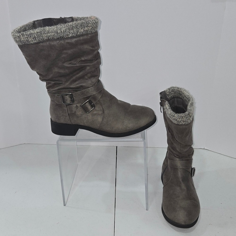 Torrid Womens Grey Faux Suede Slouchy Knit Collar Moto Mid Calf Boots Size 10
